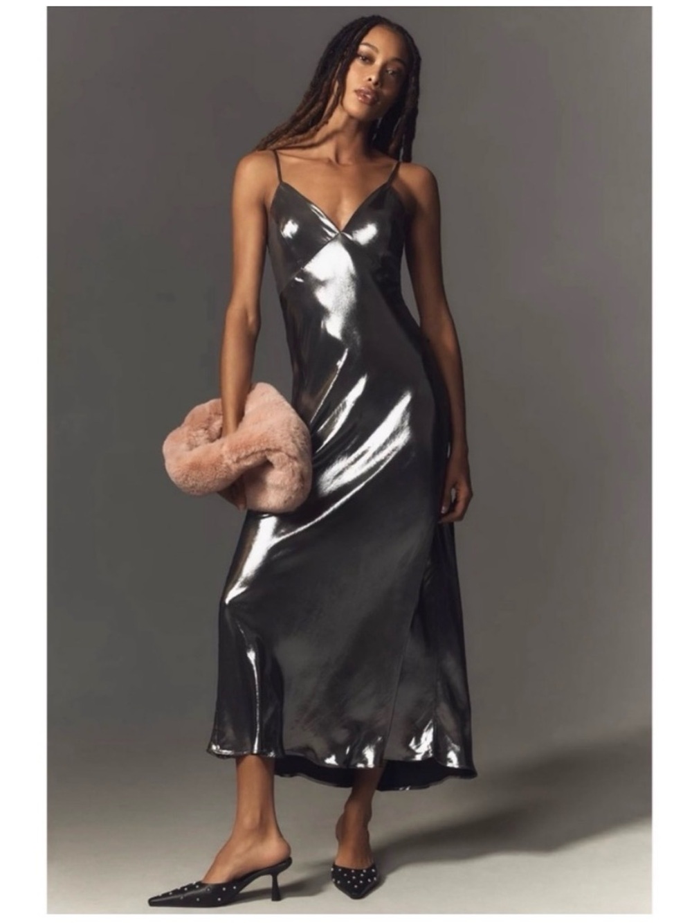 Anthropologie Metallic Black Slip Midi Dress NWT